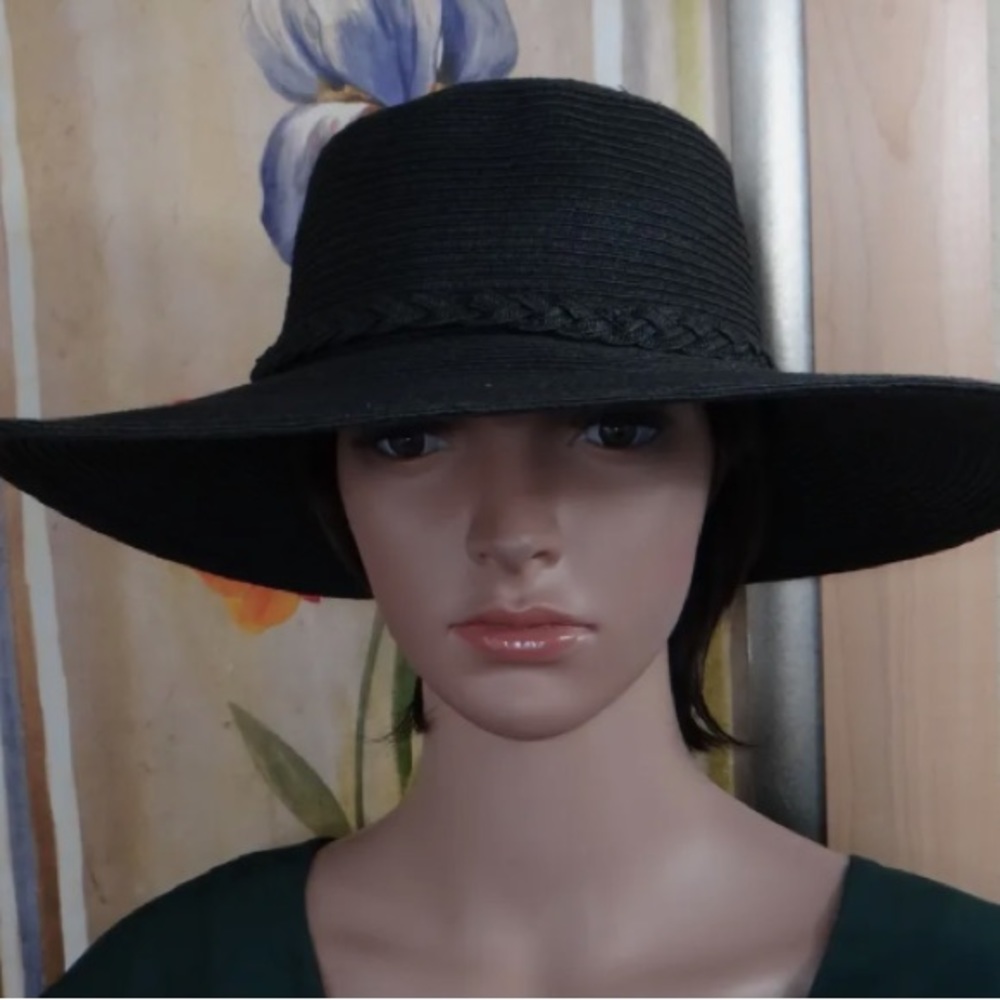 Charter club wide brim vintage beach floppy women’s black hat with braid